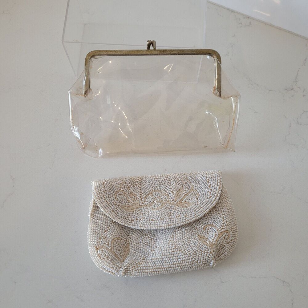 Vintage Ivory Seed Bead Envelope Crown Clutch 6x4 Japan Snap Flower Clear Clutch